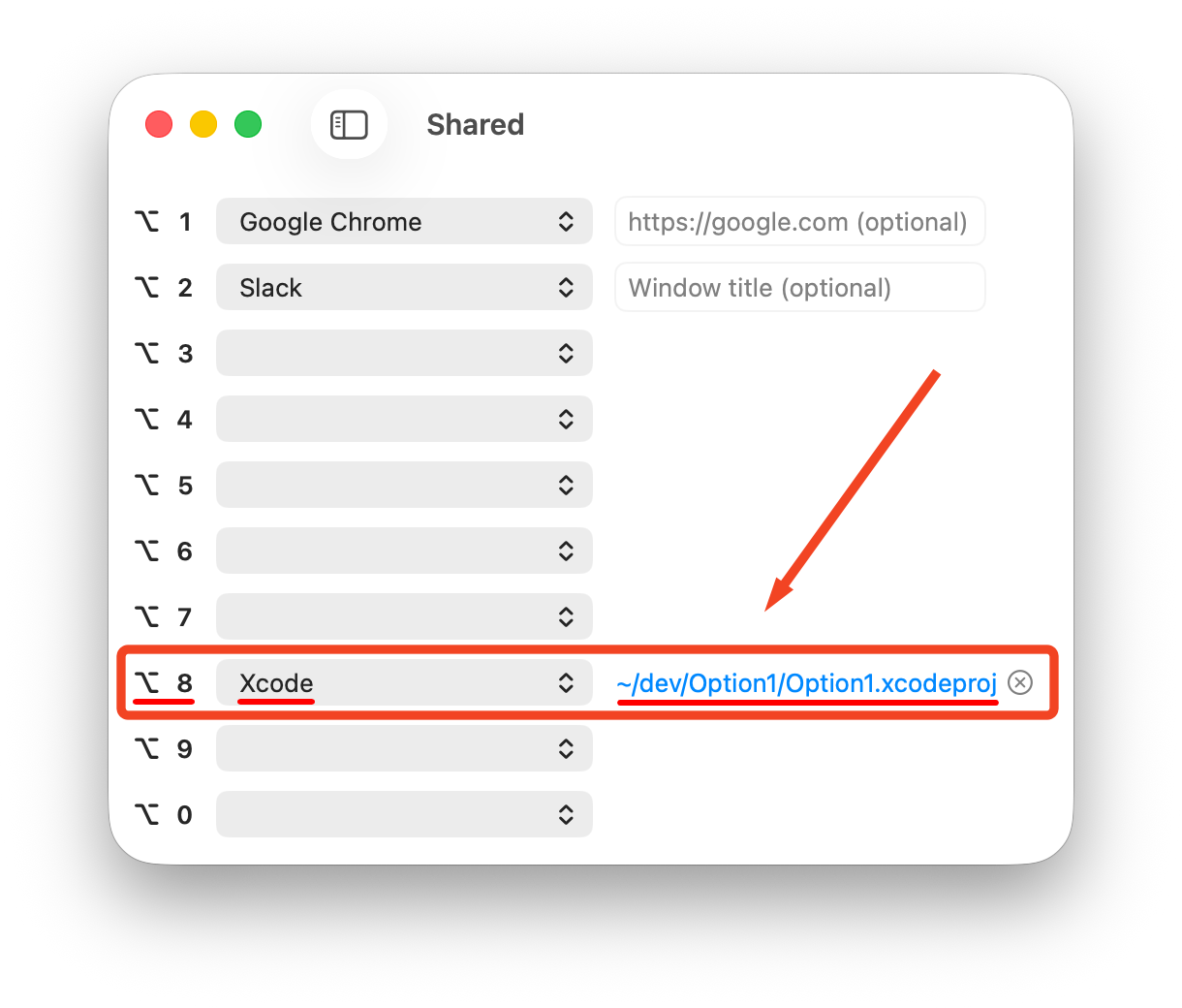 ⌥-8 откроет Option1.xcodeproj в Xcode